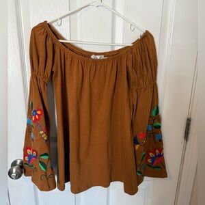 VaVa Joy Han Womens Top S Brown Knit Tunic Embroidered Peasant Boho Western